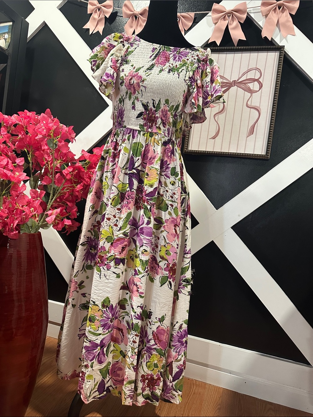 Floral Smocked Maxi Dress in Pink & Green